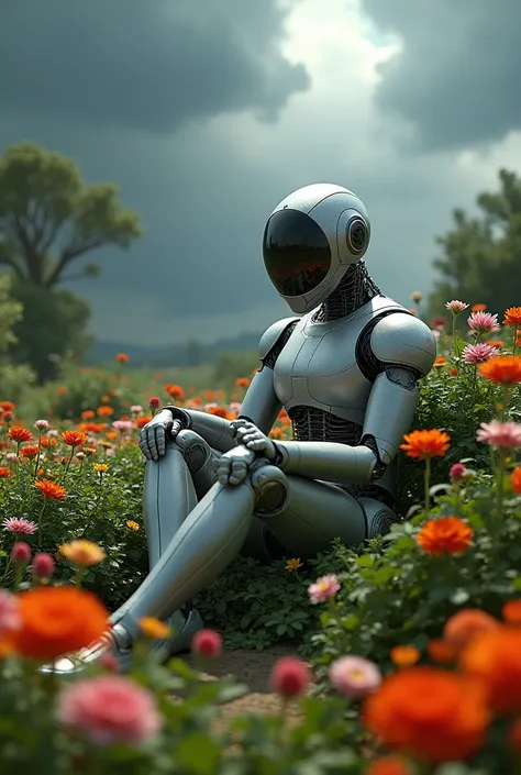 (photorealism:1.2), beautiful Garden with thunderstorm in background and a robot  sit in the flower