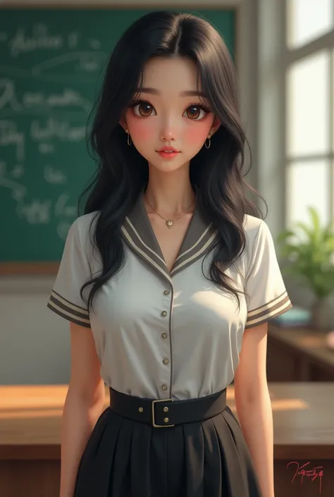 Young woman, Twenty years old, Black hair, beautiful face, Asian style, Fair Skin, Big breasts,Thin waist, Big butt, Wearing a teacher&#39;s uniform, standing in front of the classroom, Painting style 2.5D

