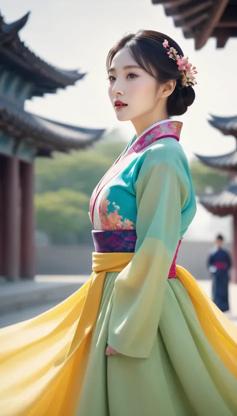 Beautiful woman, (Motion Blur:1.3), An unusually beautiful face, A woman wearing an elaborate, colorful hanbok,  Flying like in Chinese movies, In ancient China, Professional fashion photo shoot,Ultra-high resolution, 4K