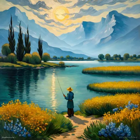 traditional oil paintings, A peaceful lake，Calm waters，Mountains in the background，Misty atmosphere，Sunlight through the clouds，Wildflowers around the lake，A  man standing on the shore fishing scene，Natural Tones, Superb composition，Elegant simplicity，Smoo...