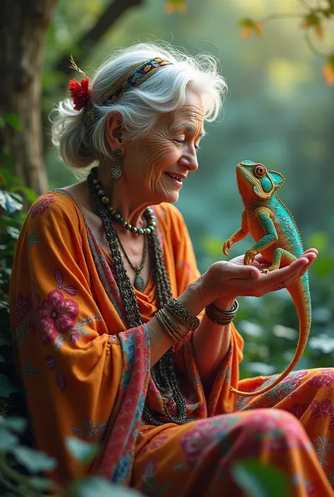 67 year old senior woman hippy bohemian standing spending time with her chameleon






