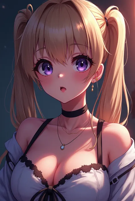 a busty girl with long dark blond hair in a twin tails hair, beautiful detailed eyes, beautiful detailed lips, extremely detailed face, longeyelashes, dark purple eyes, wearing a ripped anime-style school girl uniform, almost showing her nipple through her...