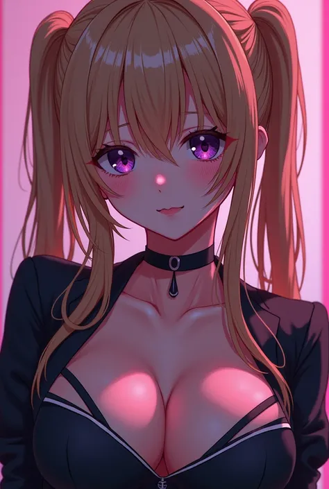 a busty girl with long dark blond hair in a twin tails hair, beautiful detailed eyes, beautiful detailed lips, extremely detailed face, longeyelashes, dark purple eyes, wearing a ripped anime-style school girl uniform, almost showing her nipple through her...