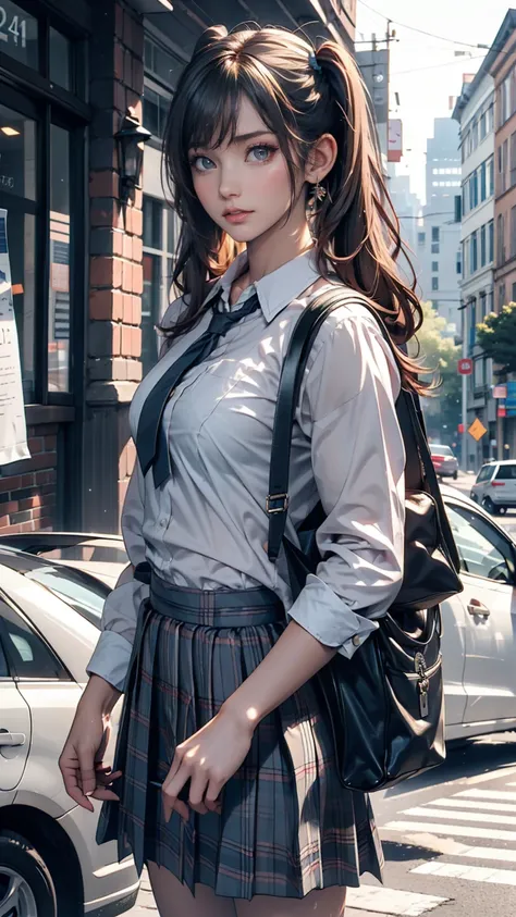 One person(24-years-old), Are standing, deadline_hideadlinex style, Home, school uniform, school bag, Twin tails, car, carrying bag、Silver Hair、Twin tails