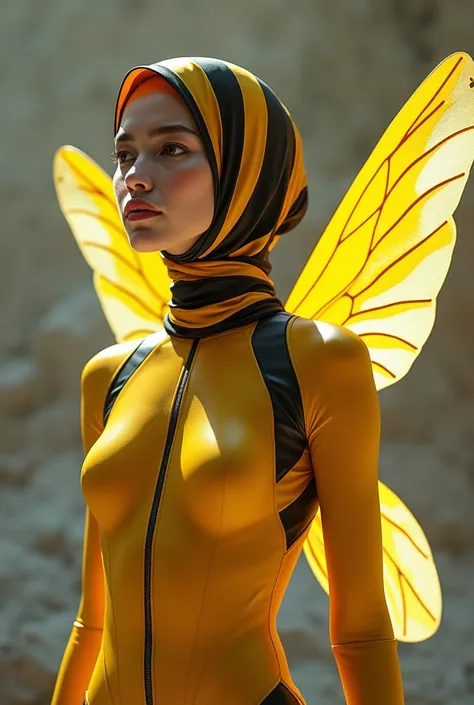 a beautiful and thin malaysian asian muslim adult girl with a shiny and beautiful face wears yellow bee lycra turtleneck unitard catsuit covered with black stripes with a pair of wings and always wear bee lycra dancewear hijab covered with black stripes.