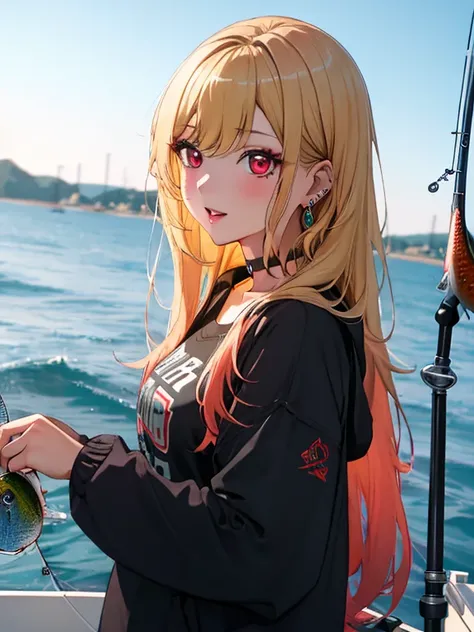 (Fishing:1.5), フライフィッシング, kitagawa marin, One girl, Blonde Hair, Long Hair, Multicolored Hair, Red eyes, jewelry, Earrings, Earrings, Black choker, uhd, retina, masterpiece, ccurate, anatomically correct, textured skin, super detail, high details, high qua...