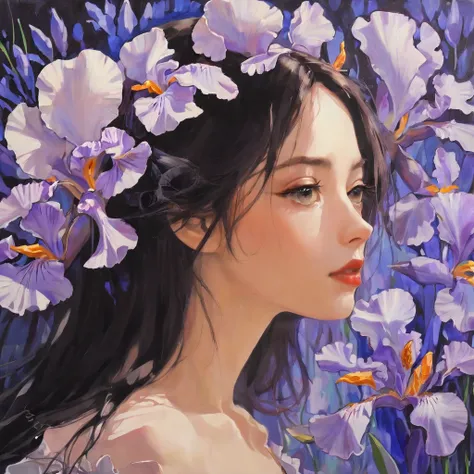 highest quality, masterpiece, surreal), Portrait of a beautiful and delicate profile girl, Playful and cute, Petals are floating in the background,Beautiful iris flowers,