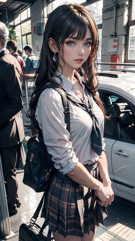 One person(24-years-old), Are standing, deadline_hideadlinex style, Home, school uniform, school bag, Twin tails, car, carrying bag、Silver Hair、Twin tails