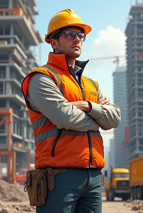 Architect wearing reflector and helmet written V.M. GROUP LIMITED 