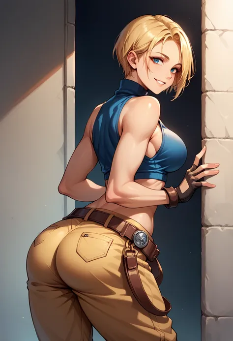 score_9, score_8_up, score_7_up, BREAK, score_9, bmarydg, blonde hair, short hair, smile, sleeveless turtleneck, sleeveless, baggy pants, loose belt, crop top, blue_Pants, fingerless gloves, blue eyes, looking at viewer, cowboy shot, ass, from behind, dark...