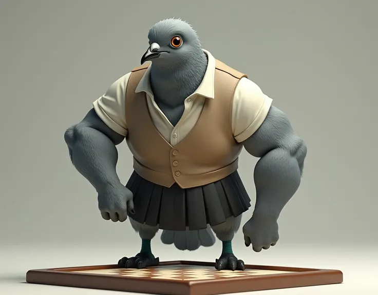 ((Highest quality)), ((masterpiece)), (detailed), A gray female pigeon wearing an off-white collared short-sleeved shirt, a light brown vest, a knee-length black skirt, dark green socks and black shoes.、Playing Reversi、Muscular grey female pigeon、Photoreal...