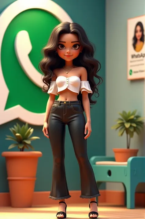 create a 3D illustration of an animated character of a beautiful 38 year old woman,long curly hair with highlights at the ends, Morena escura,eyes black,The character must wear elegant clothes,how to wear high waisted black cirre pants,loose gypsy off-the-...