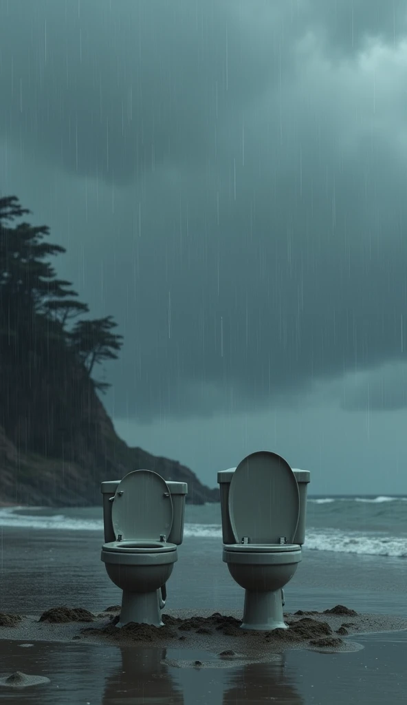 2 toilets together on a beach, rainy day, dark clouds, trees nearby