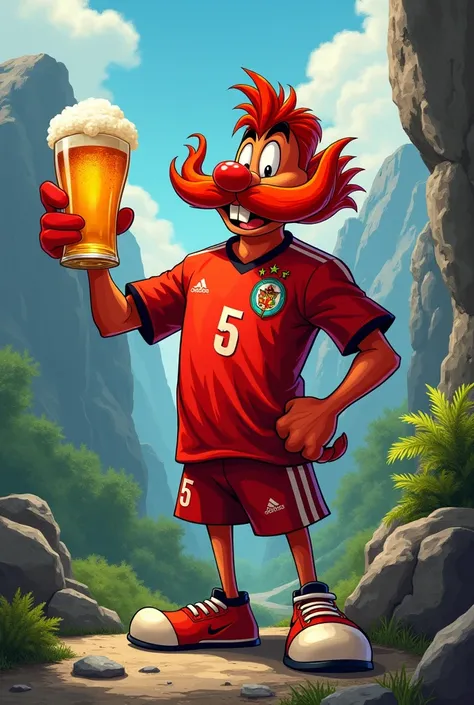 Yosemite sam with Flamengo team shirt holding glass of beer