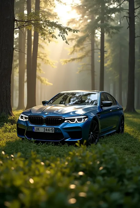 BMW M5 F90 in Russian forest in the morning from the side
