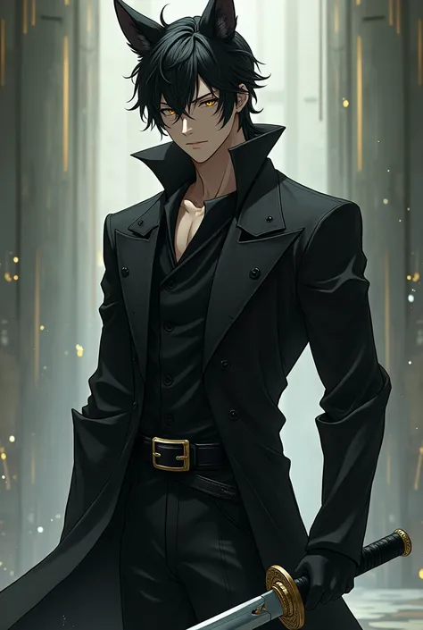 tall handsome man,thin and strong,yellow  eyes,アニメ,fox ears, black clothing, holding a katana, brawny 