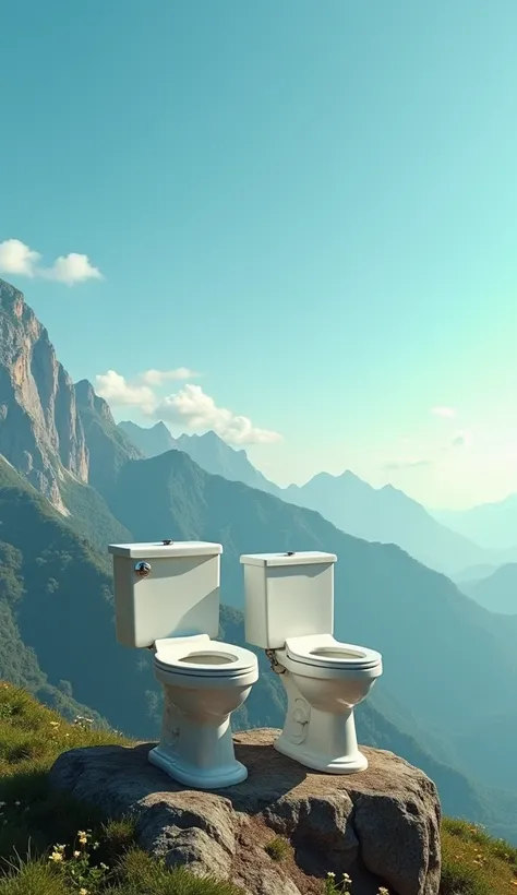 2 toilets together on top of the mountain, clear sky, beautiful weather