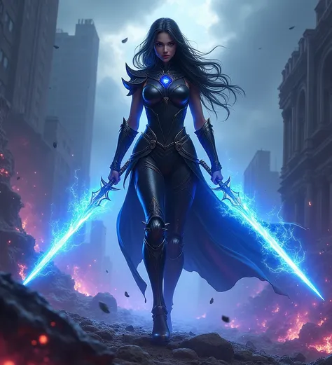 (Female Solo Leveling:1.4), (badass warrior:1.3), (sleek black battle armor with intricate details:1.4), (glowing blue and purple aura:1.3), (dynamic and fierce pose:1.3), (sharp, focused eyes:1.3), (long, flowing dark hair:1.2), (energy swords and shadow ...