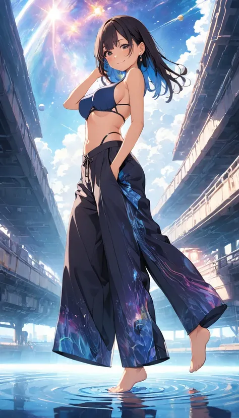 anime illustration, ((((highest quality)))), (((Ultra-precision CG 16K))), (((masterpiece))), BREAK skinny body, slender waist, medium Breasts, (((perky breasts))), ((sagging breasts)), (covered nipples),  (((tanned skin, tan lines))) , BREAK (written in d...