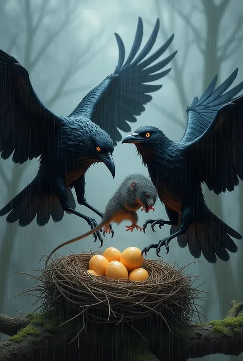 A black crow fighting over its eggs from a crow with a rat in the rain 