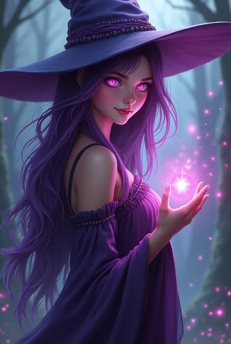 Young Witch She has long purple hair that reaches her mid-back. Her eyes are pink.