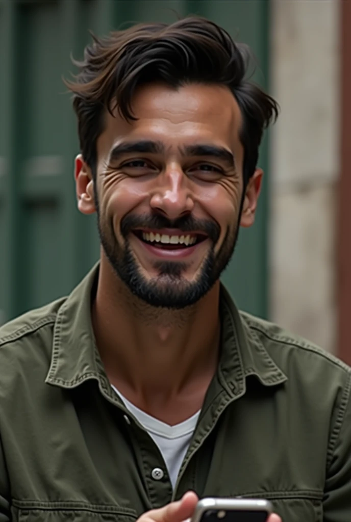 Spanish guy with beard and mustache, very handsome man with a charming and deep look, photos hyper réaliste,  dressed in black pants, un t-shirt de couleur blanc, holds a phone in his hands and laughs, background images : a street with people behind, photo...