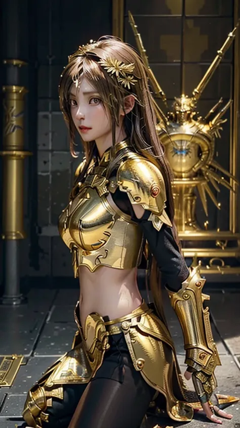 1girl, detailed golden goddess armor, dramatic knight armor, thin gold armor, anime goddess, long distance view of woman in gold costume on battlefield, light gold armor, stomach, (best quality),(masterpiece),(detail),(photorealistic:1.37),(realistic:1.37)...