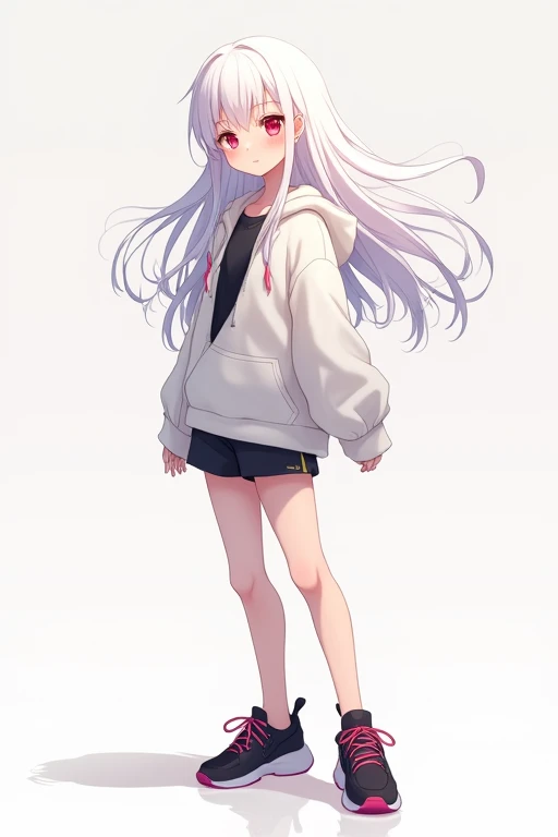 A full-body side-view portrait of a cute anime girl with long white hair, red eyes, wearing a white hoodie over a black shirt, black shorts, and black shoes.