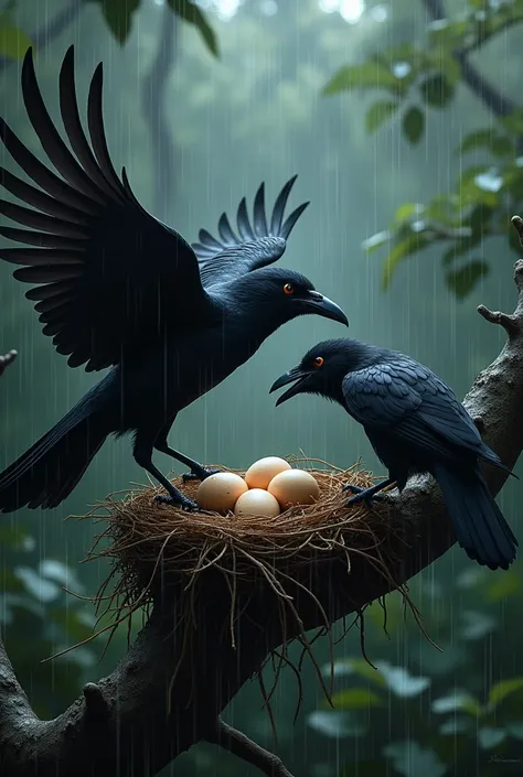 SeaArt Bot Txt2Img Studio A black coctail on a branch fighting over its eggs from a crow with a rat in the rain