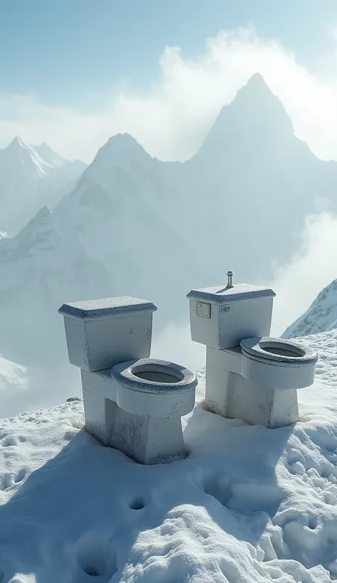 2 toilets together on top of the averest, other mountains nearby can hardly be seen, very cold atmosphere, foggy weather