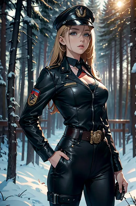 a beautiful woman, (similar to) Lili Berthillier, posing in (a dynamic pose) as a World War II diesel punk army officer, wearing a black leather uniform with visible cleavage, and a leather military cap, reference photo, best quality, high quality, (detail...