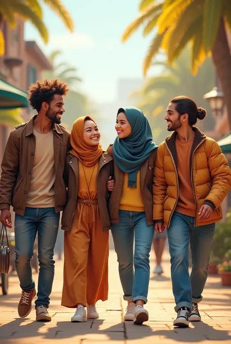 4 friends happily walking together one of them is wearing hijab
