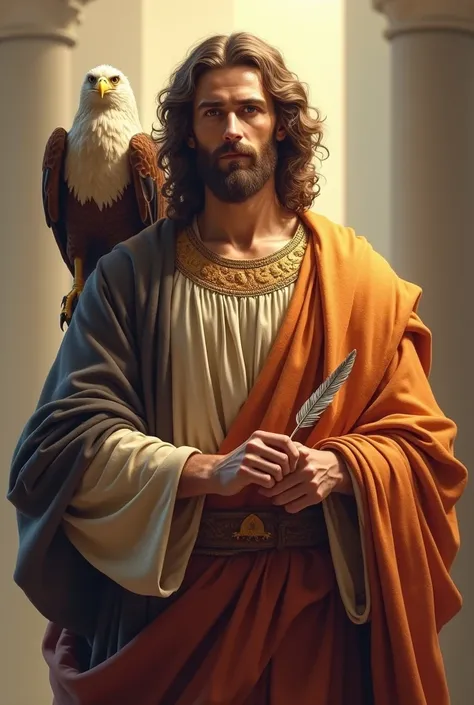 "Create an image of Saint John the Evangelist in a classical style, with a serene and contemplative expression. He must be wearing traditional clothes, with a flowing tunic and rich details. In one hand, he holds a feather, symbolizing the writing of the G...