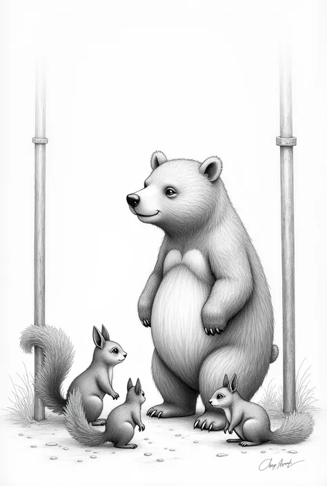 pencil sketch of a bear talking to squirrels in front of metal poles