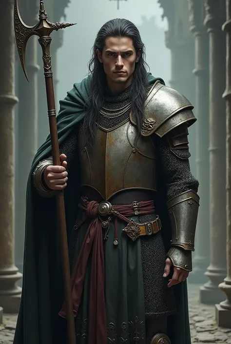 Create a male paladin, fair skinned and long dark hair, with a serene and serious appearance, almost without expression, wearing chainmail without the armor on top, and a glaive that appears in its entirety