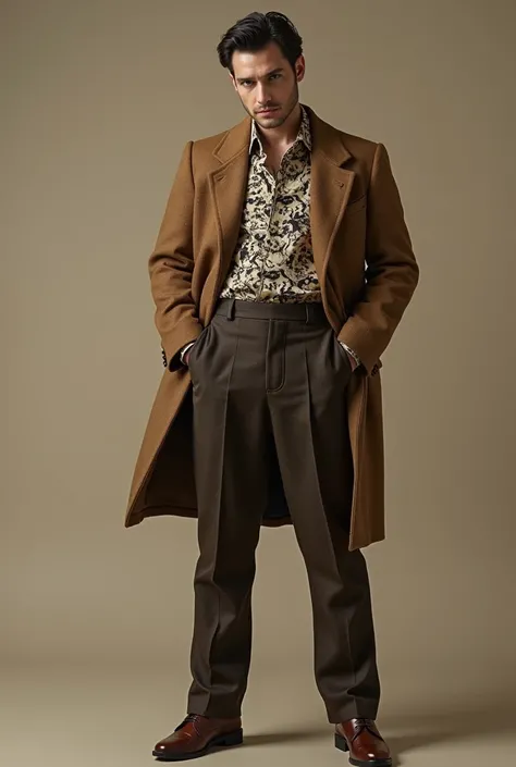 a man standing to forn straight wearing a blazer with a classic cut, wide collar and abstract patterned shirt, which was popular in that period. The neutral brown color on the jacket combines with the contrasting pattern on the shirt, giving the impression...