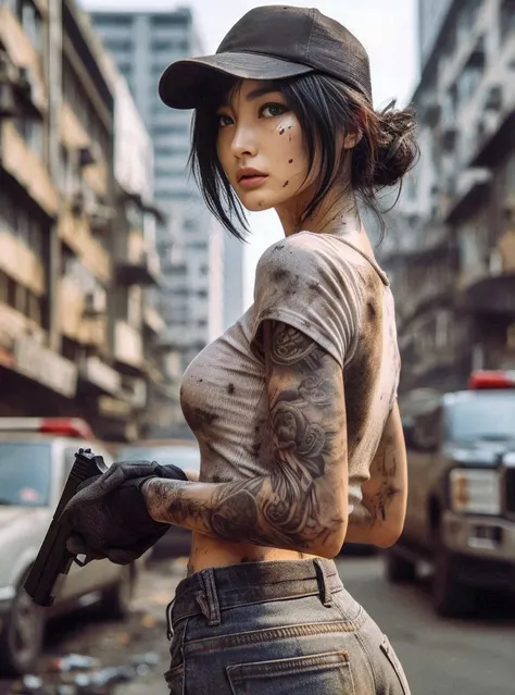 8k,Realistic Photo、Realistic Skin Texture、Superrealism、Japanese women living in America、General citizens、Civilian、Tattoo、cap、jeans、Short sleeve shirt、Beauty、American cityscape、Old building、Pistol、Covered in scars、It is dirty、muscle、The background is out of...