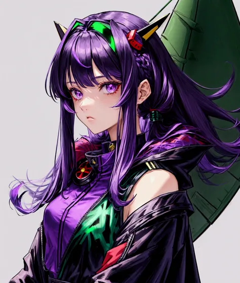 「(a girl),(cool and beautiful),(medium straight hair),(unkempt care hair),(purple hair),(black coat) ,(red shirt),(dark green shoulder pad), (purple eyes),(ace pilot)」