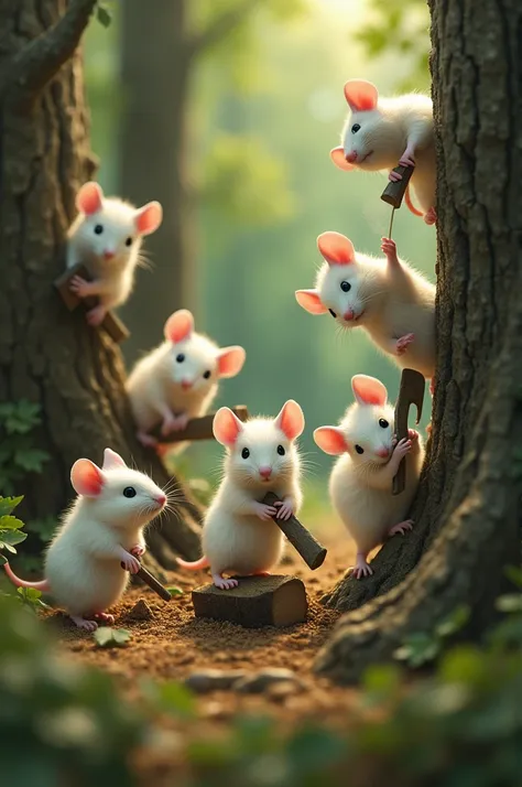 White mice cut trees