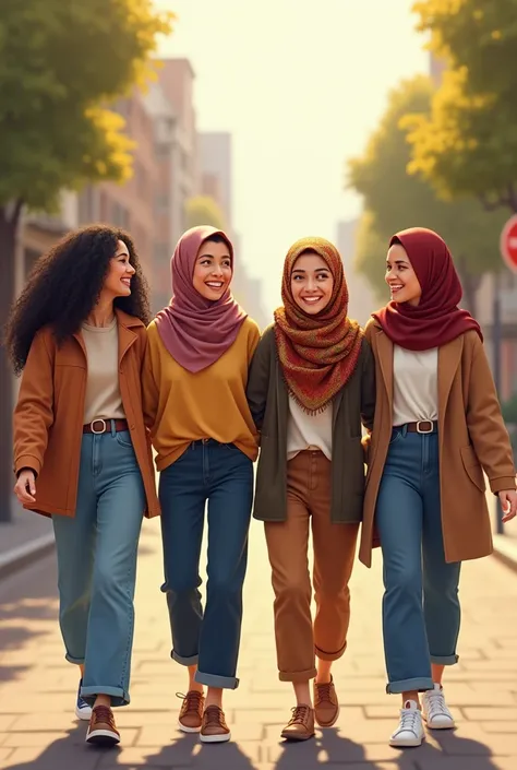 4 friends happily walking together one of them is wearing hijab
All girls and only one of them is wearing hijab other 3 are non muslims 