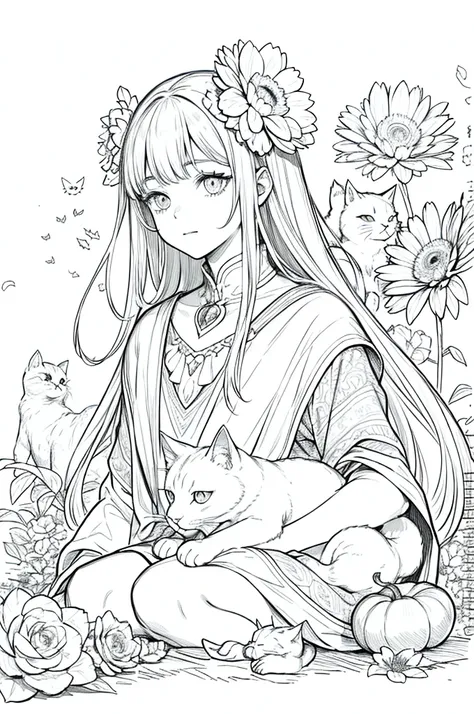 ​masterpiece, superlative, Elegant young wizard, masculine , soli, Cute Halloween , flower line drawing background, white background, monocromatic, line-drawing, ((sketch)), frightful, White cat with white eyes, eye white