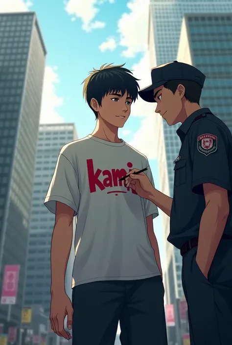 22 year boy is stand in city with gaurd and write name of "kami"on his shirt