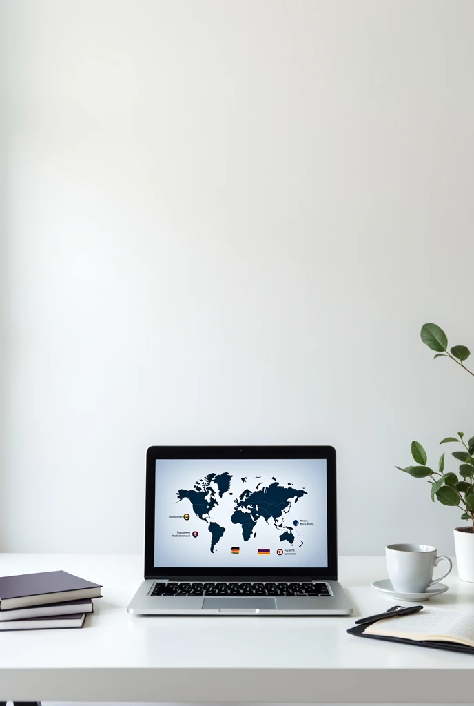 "Create a professional and modern workspace image for a freelance translator. The scene should include:

A clean, minimalist desk with a light, neutral background (white or pale grey).
An open laptop prominently displayed on the desk, showing a world map w...