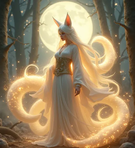 (Goddess of the Nine-Tailed Fox:1.4), (majestic and mystical aura:1.3), (nine flowing, ethereal fox tails:1.5), (long, shimmering white fur:1.3), (enchanting fox ears:1.2), (graceful and elegant pose:1.3), (traditional yet divine kimono with intricate patt...