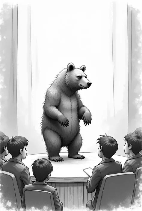 pencil sketch of a bear talking to humans from a stage