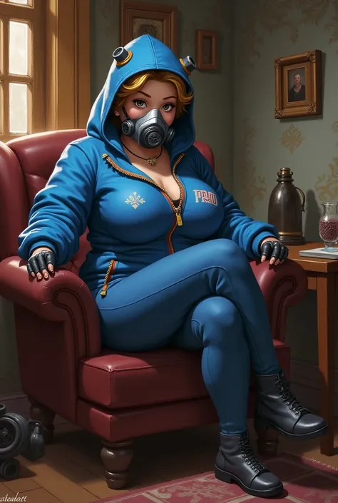 masterpiece, solo, full-length portrait,  tf2pyro, bluteam, gas mask, grenade, smiling, blue jacket, detailed background, indoors, sitting, looking at viewer,  Big tits