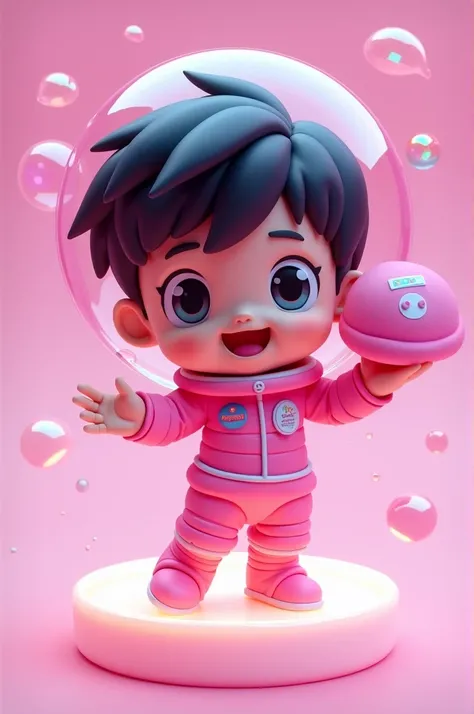 Super cute boy full body 3D drawing, 1 Piece, good looking eyes, Big eyes, cute, be happy, C4D, Blind Pop Matt Box, No hats.,Holding a hat in your hand,glowing bubbles, toy, solid color background, chibi, Fluorescent Transparency, Luminous body, cute, doll...