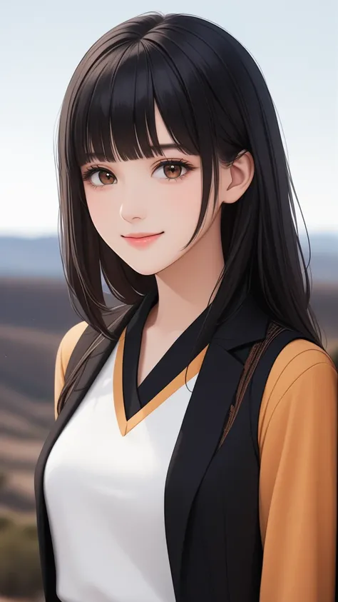 High quality image; black background; landscape photo; woman with straight black hair, bangs, brown eyes; western face; age: 20 years old; gentle smile; black white clothes and vest.