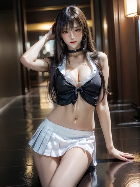 ((masterpiece, best quality, high resolution)), Tifa Lockhart, ultra realistic, ultra detailed, ultra realistic skin texture, perfect body style, ((Beautiful girl, Wearing Japanese high school uniform:1.3)), (((Petting own inner thighs with both hands:1.3)...