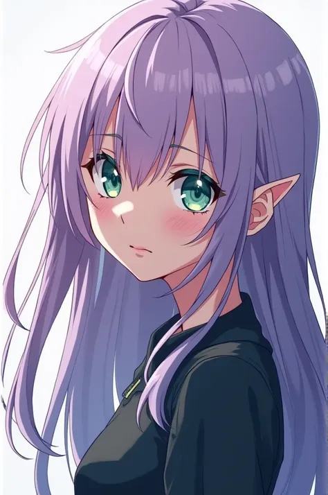 A teenager with boku no hero traits, She has long, very light purple hair and light aqua green eyes., her ears are pointy like tamaki amajiki&#39;s